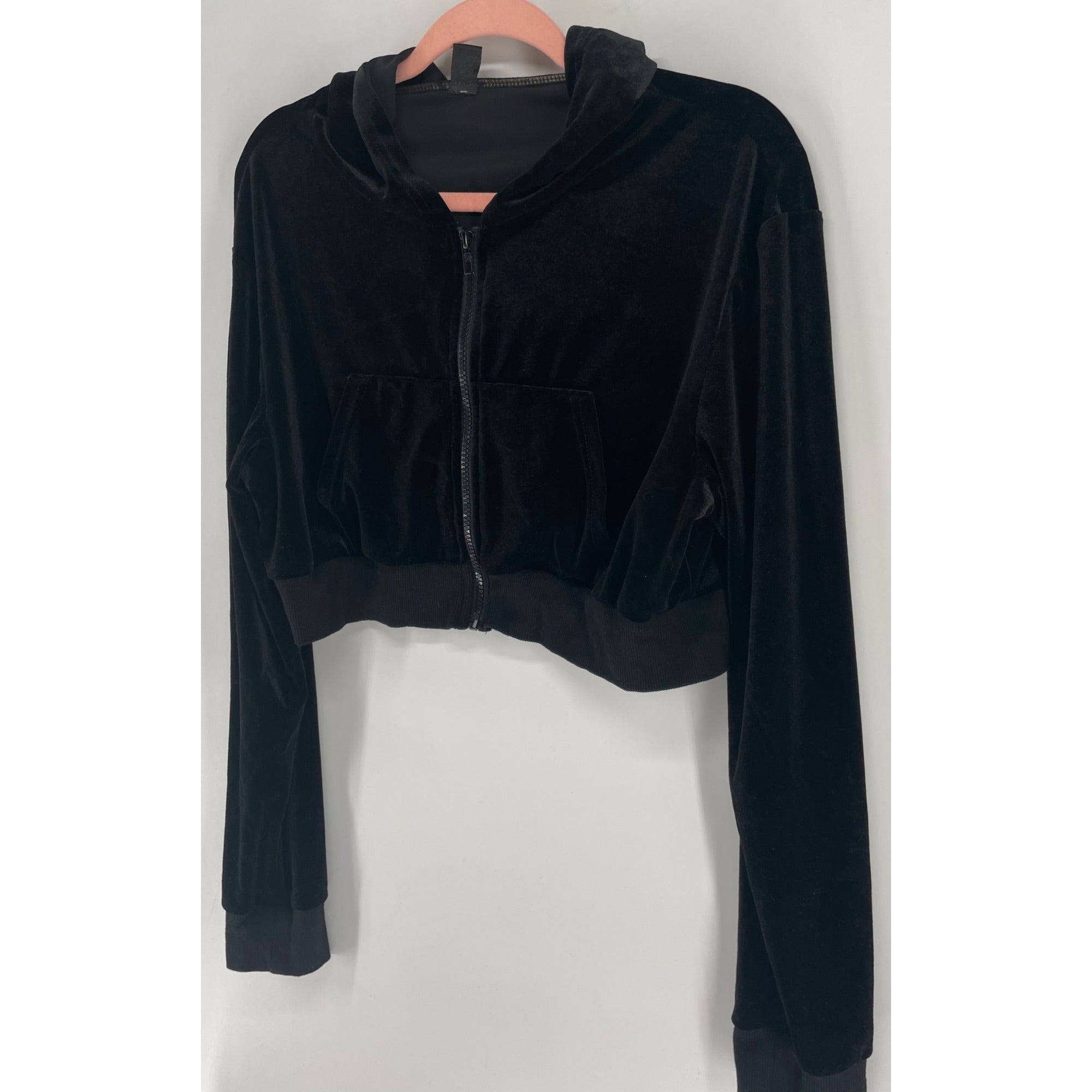 Shein Women's Size Large Black Cropped Zip-Up Plush Velour/Velvet Hoodie Jacket W/ Pockets