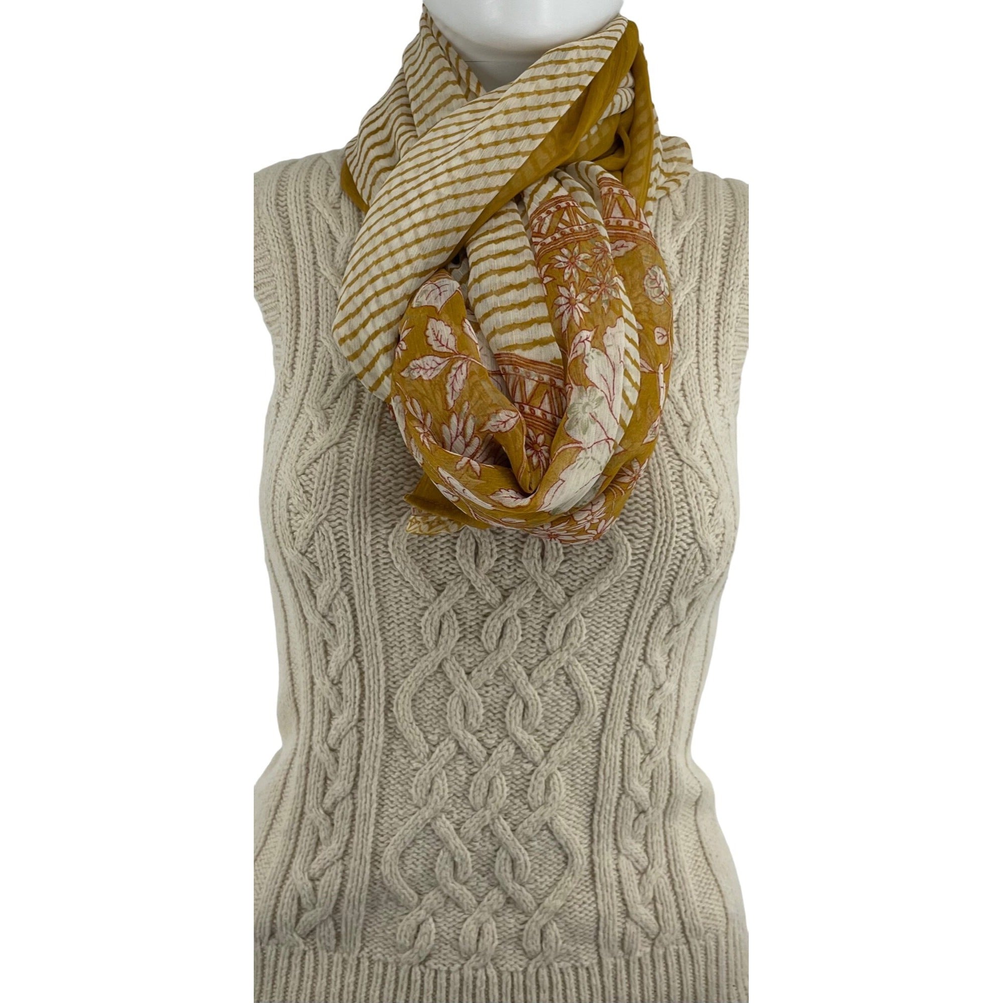 Women's Mustard Yellow, White & Green Sheer Floral & Striped Scarf