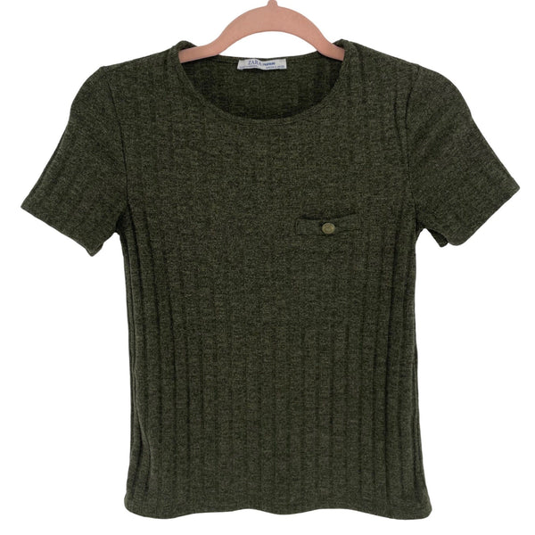 Zara Women's Size Small Forest Green Crew Neck Ribbed Shirt