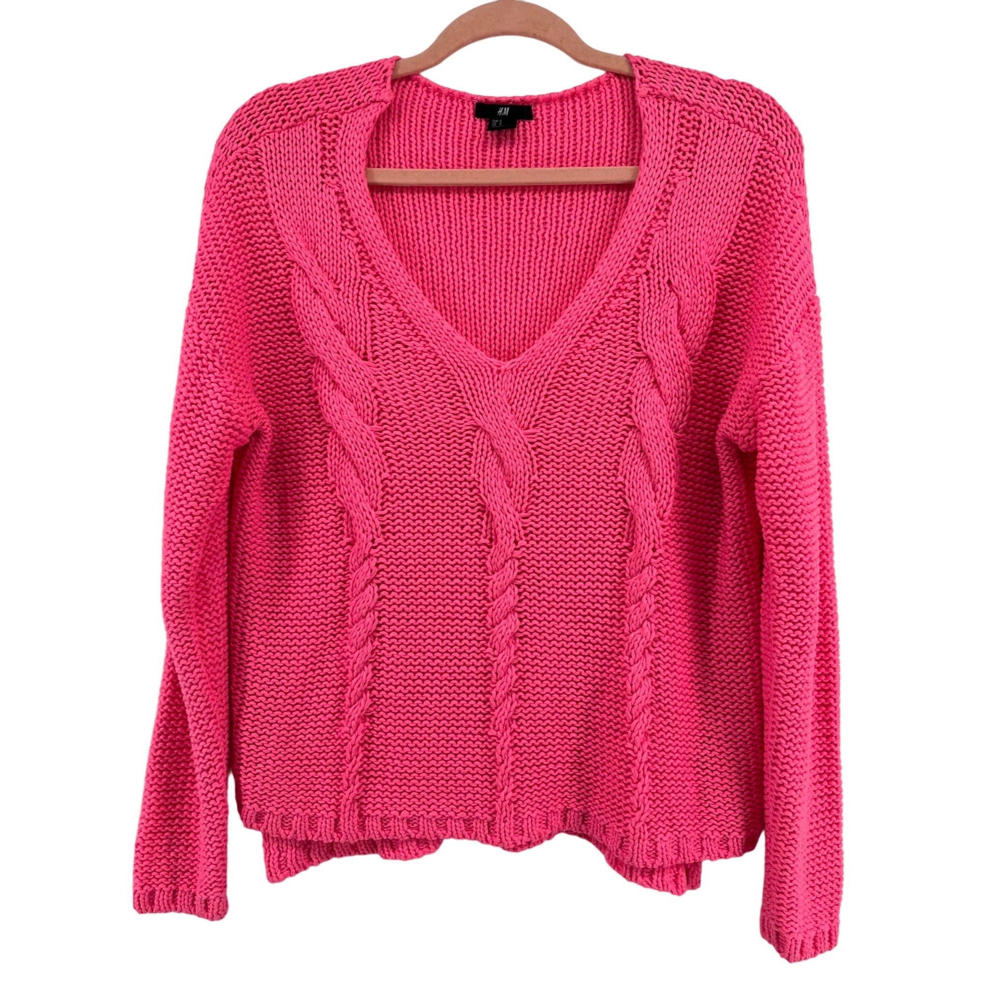 H&M Women's Size Small Hot Neon Pink V-Neck Cable Knit Sweater