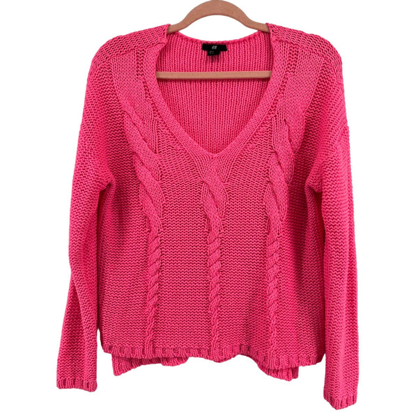 H&M Women's Size Small Hot Neon Pink V-Neck Cable Knit Sweater