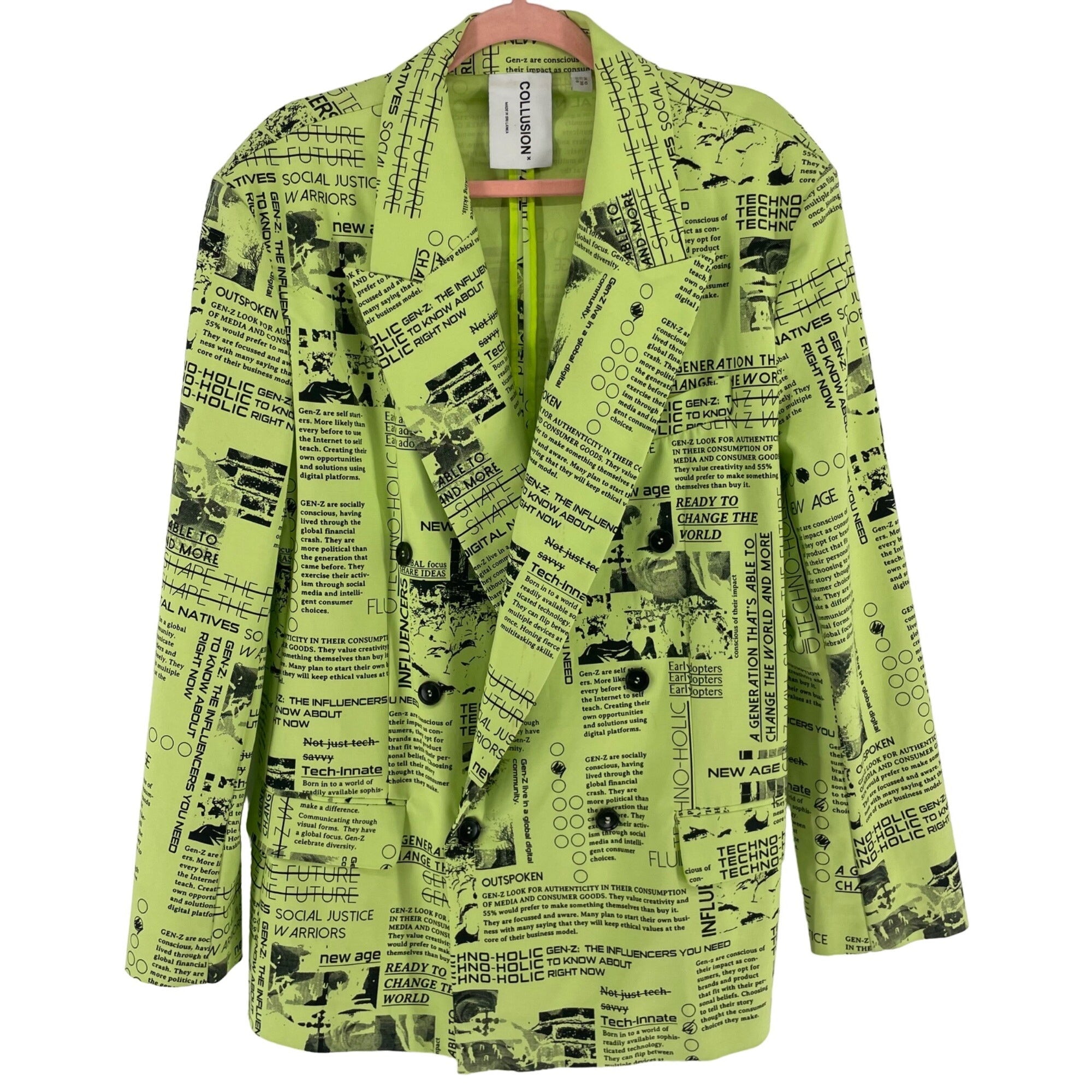 Collusion Unisex Size 6 29S Green/White Gen Z Graphic Double-Breasted Blazer