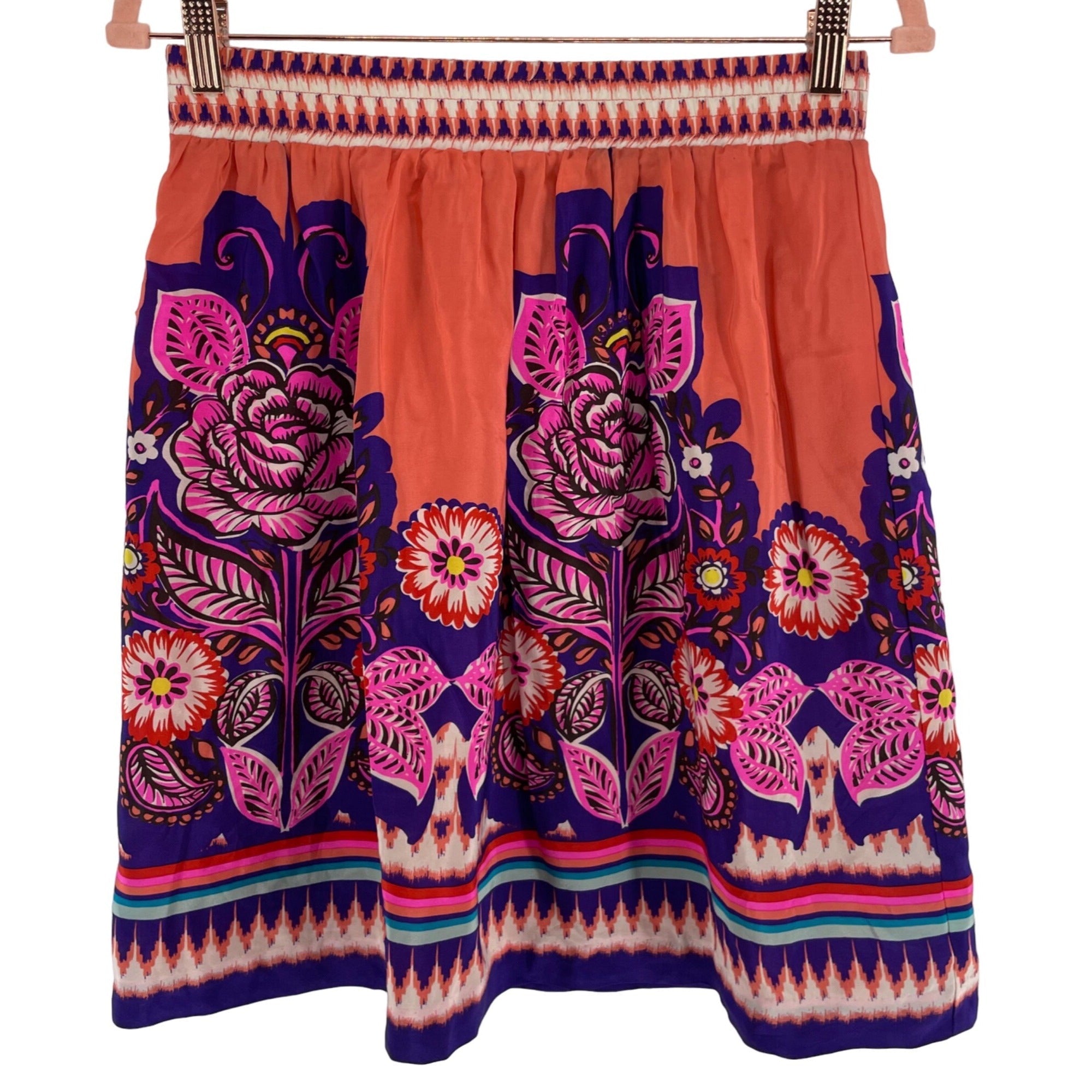 Edmé & Esyllte Women's Size 4 Coral Orange/Purple/Pink Floral A-Line Silk Skirt