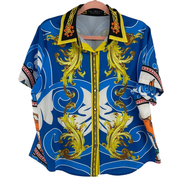 LAI MENG Five Cats Men's Size XXL Blue & Multi-Colored Short-Sleeved Collared Shirt