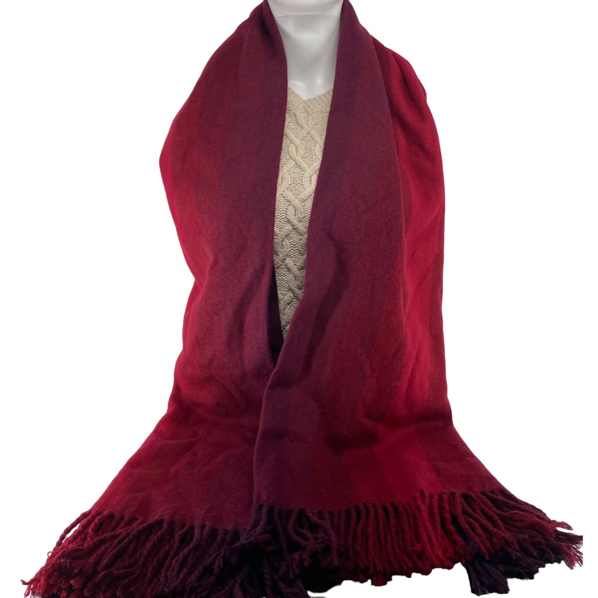 Women's Red & Purple Plaid Faux Wool Scarf W/ Braided Fringe Tassels