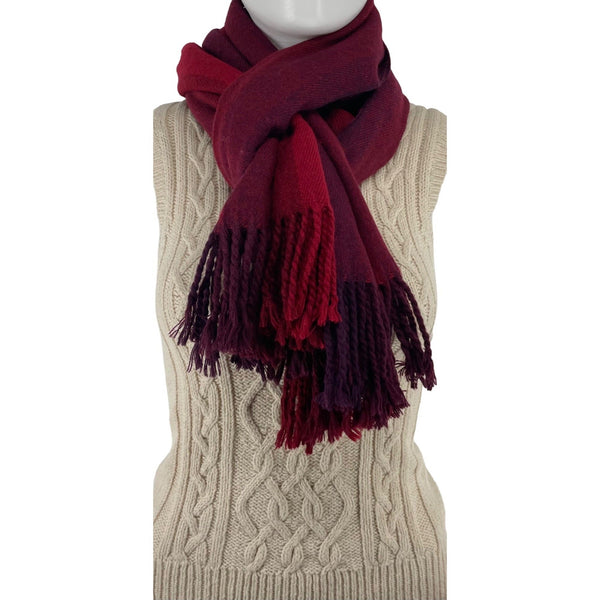 Women's Red & Purple Plaid Faux Wool Scarf W/ Braided Fringe Tassels