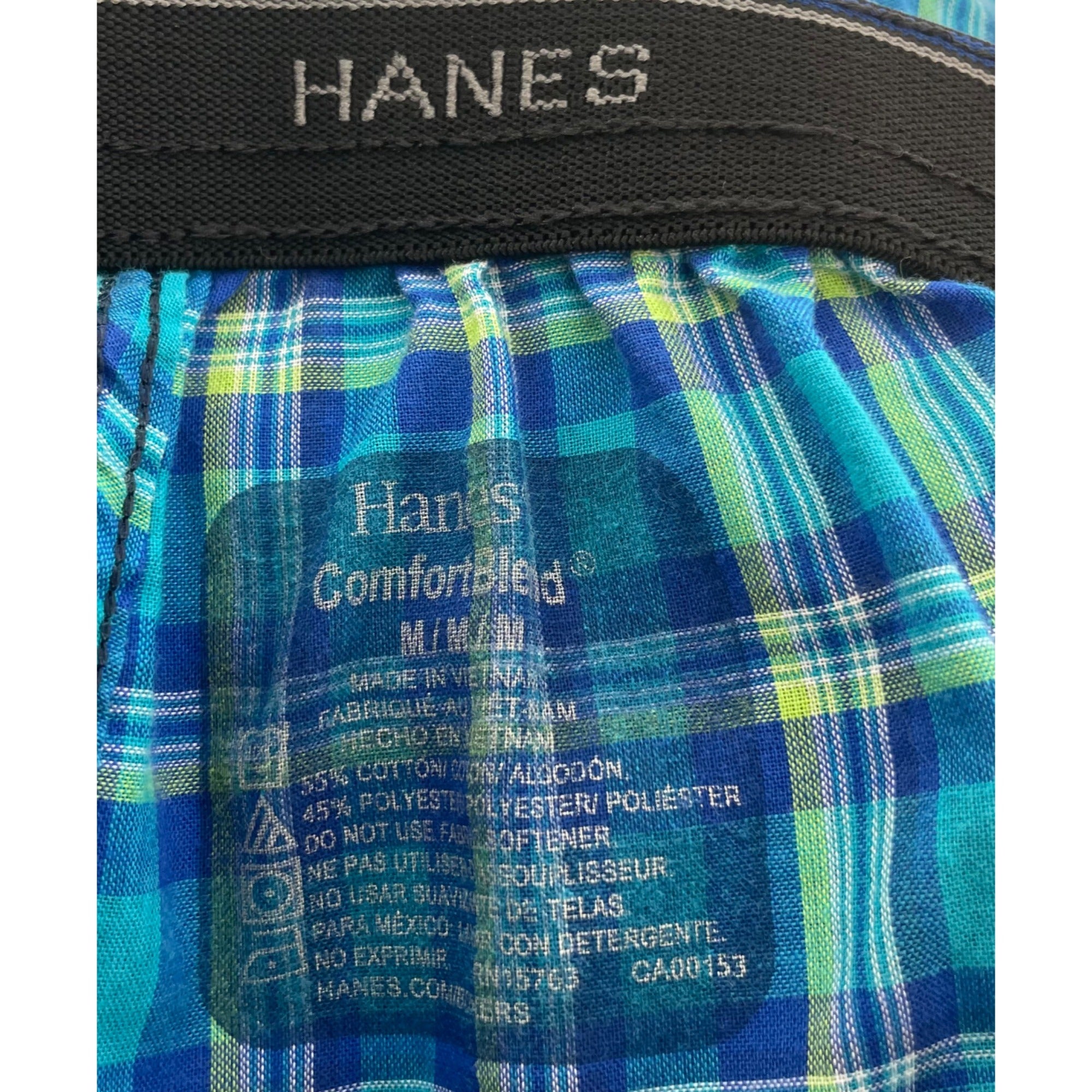 Hanes Men's Size Medium Comfort Blend Teal/Cobalt Blue/Lime Green Plaid Boxer Shorts