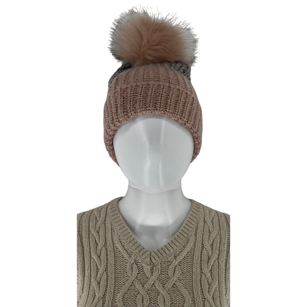 Next Women's Pink and Silver Sparkly Faux Fur Pom Pom Knit Beanie