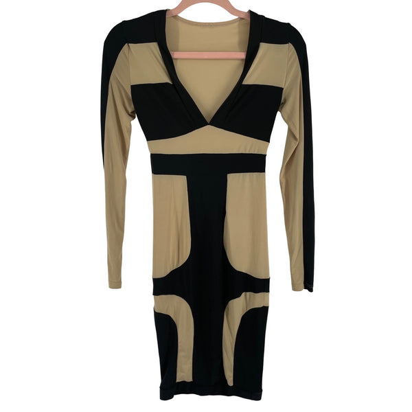 Women's Size Small Tan & Black Color Blocking Bodycon deep V-Neck Midi Dress