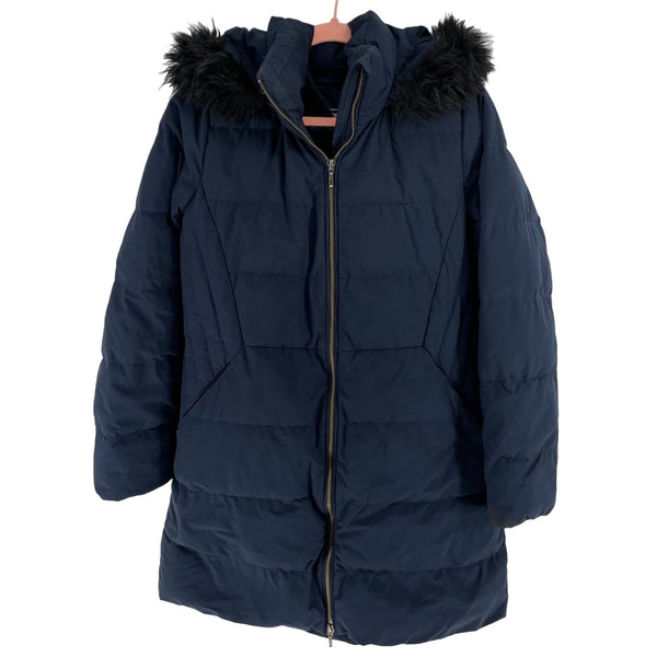 Land's End Women's Size Medium Navy Puffer Coat W/ Faux Fur Hoodie