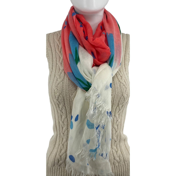 Women's Multi-Colored White Pink, Green Blue Scarf W/ Polka Dots & Fringe Hem