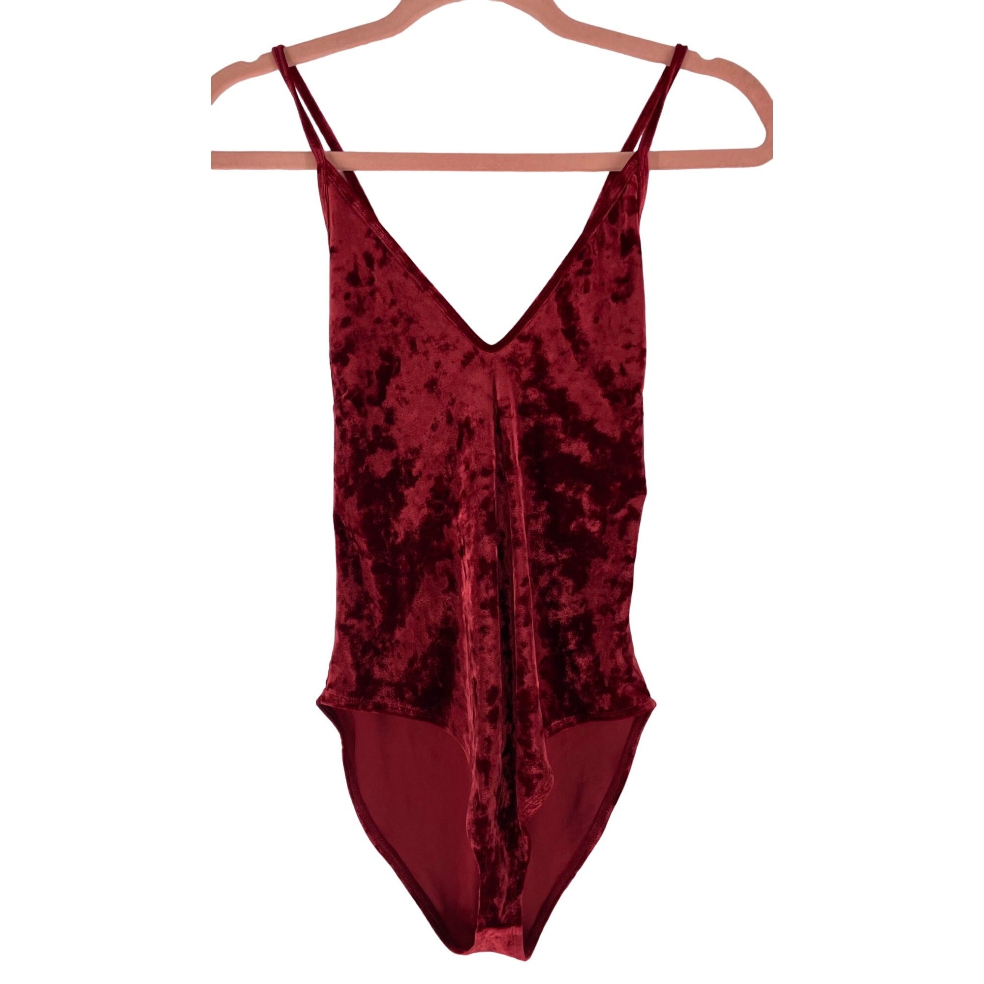 Forever 21 Women's Size Large Red/Maroon Velour/Crushed Velvet Spaghetti Strap Leotard