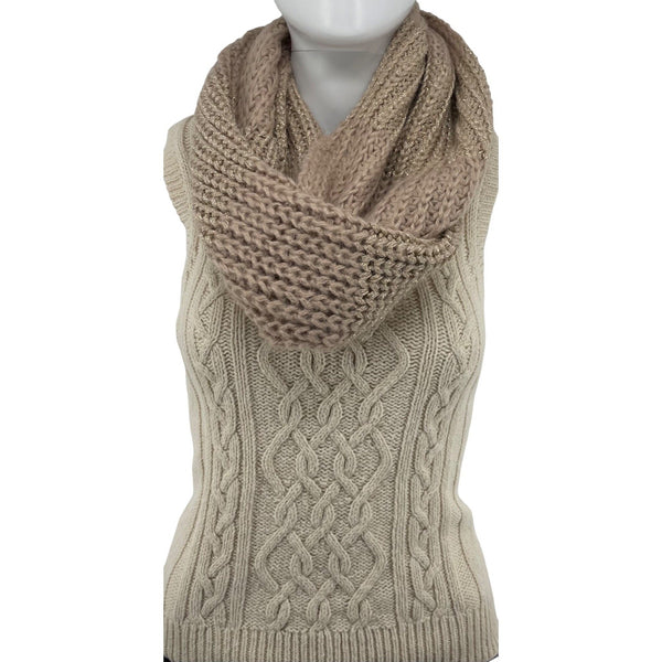 NWT LOFT Women's Light Brown & Sparkly Gold Infinity Loop Knit Scarf