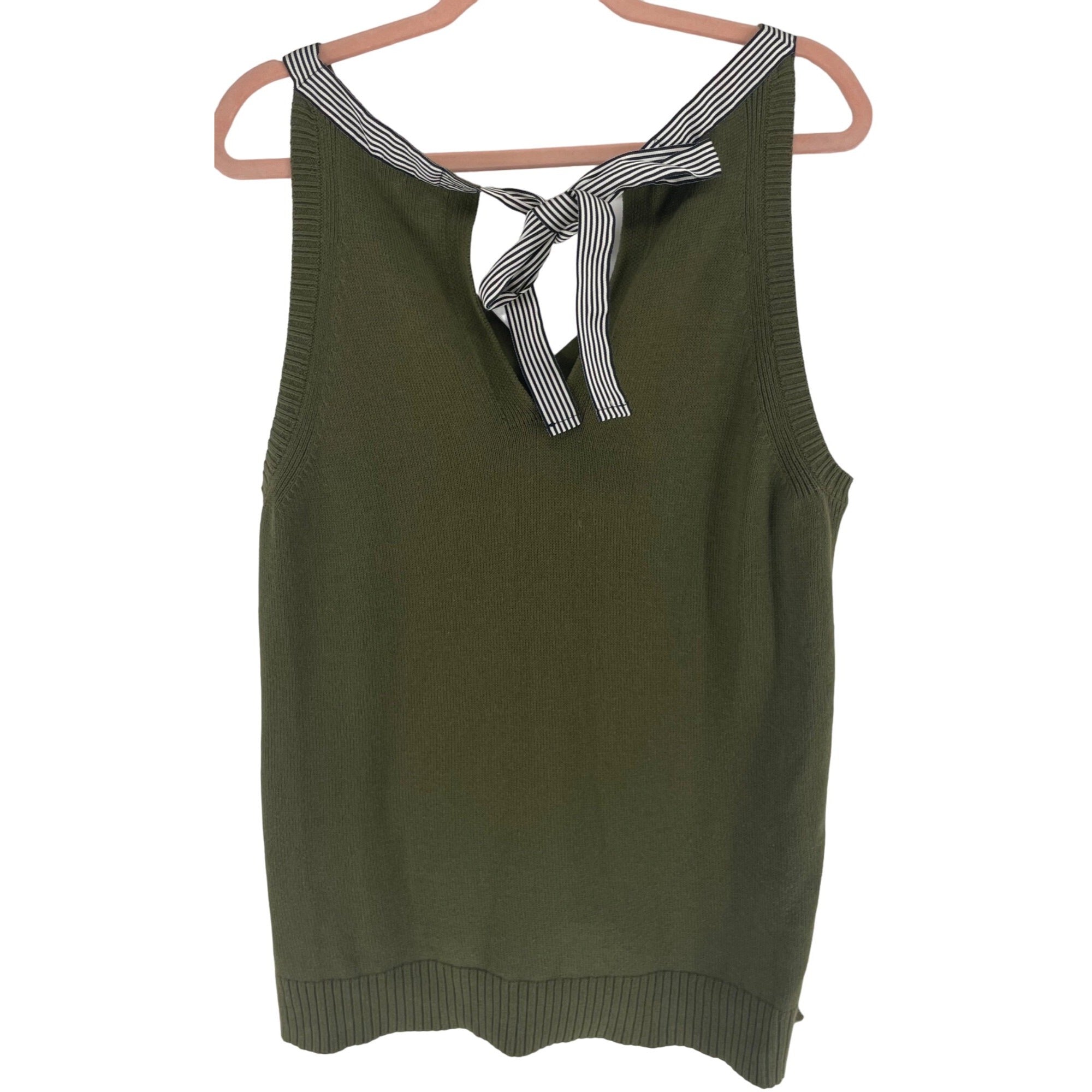 J. Crew Women's Size Large Olive Green Sleeveless Top W/ Navy/White Ribbon