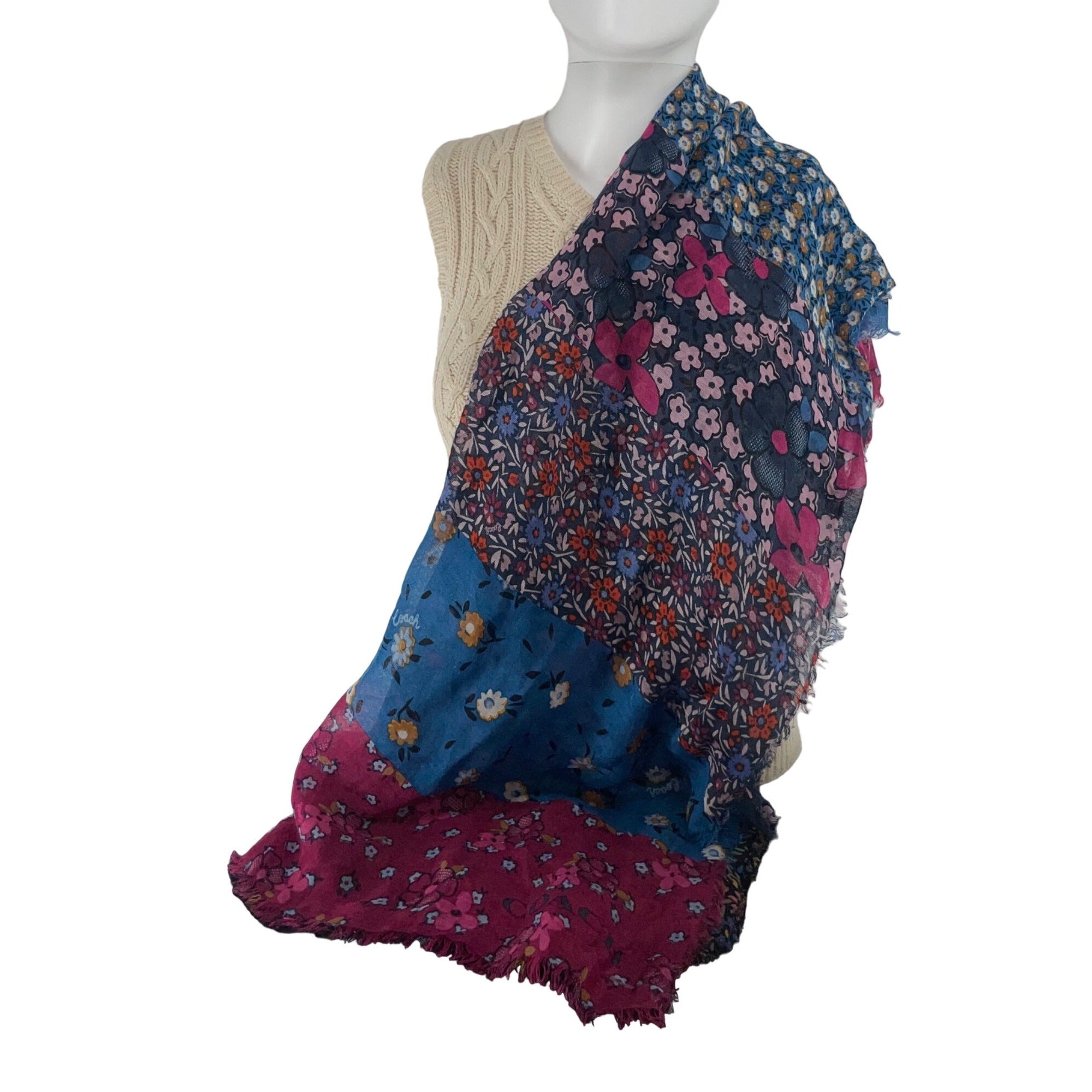 Women's Fuchsia and Blue Floral Print Scarf W/ Fringe Hem