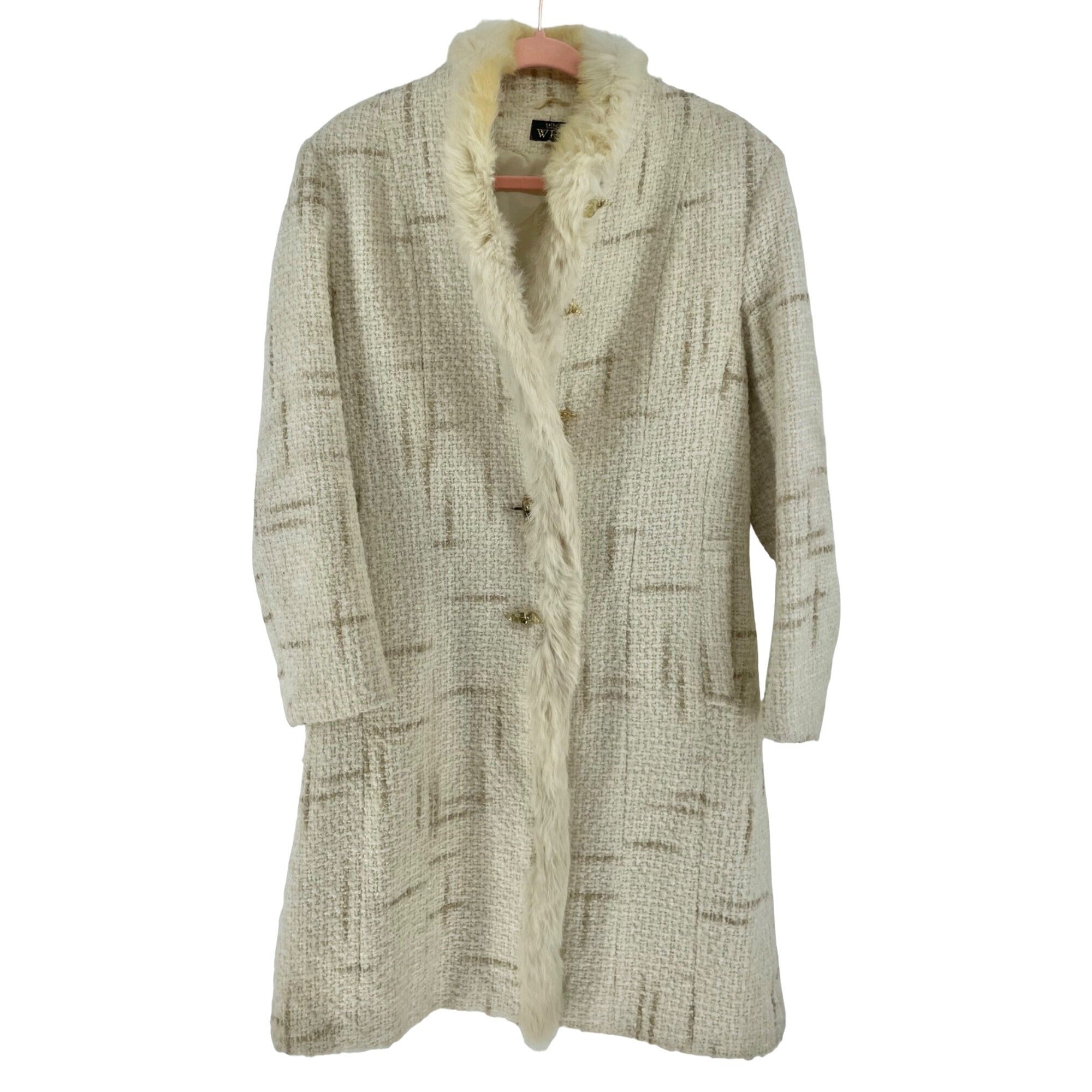 WES Women's Size 40 Cream Tweed Winter Coat with Genuine Fur Trimming