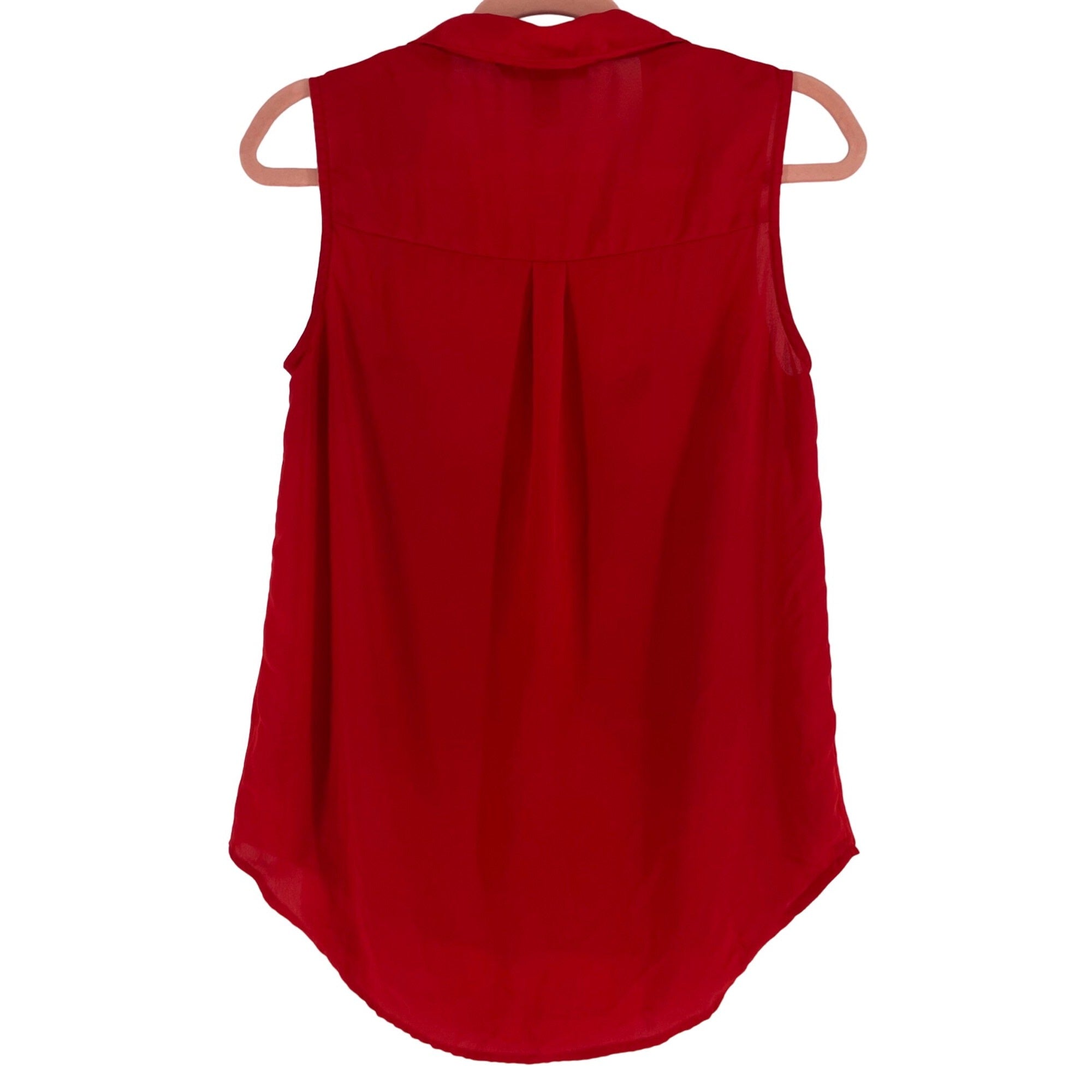 Women's Size Medium Red Sleeveless Sheer Button-Down Collared Top