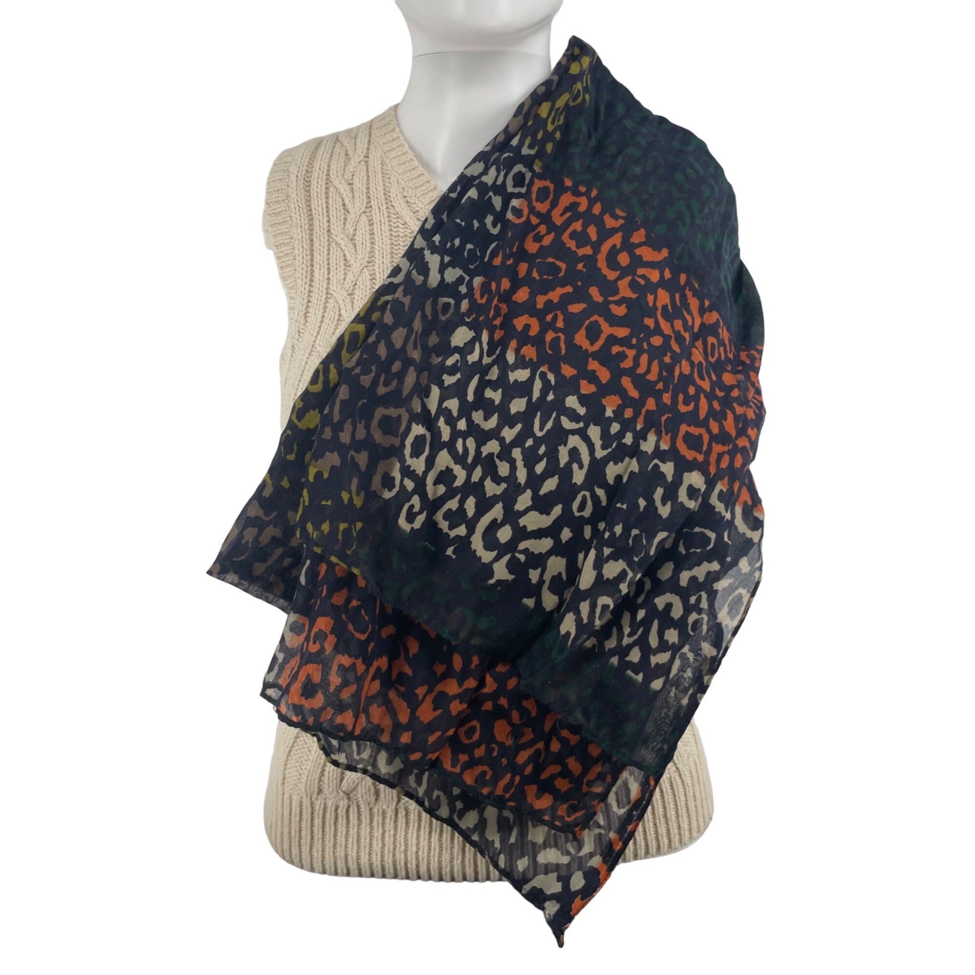 Women's Multi-Colored Green, Blue, Orange, Brown, Black & White Leopard Print Sheer Scarf