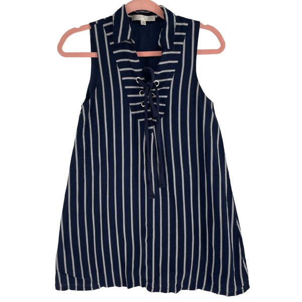 J.O.A. Women's Size XS Navy & White Striped Lace-Up Sleeveless Mini Summer Dress