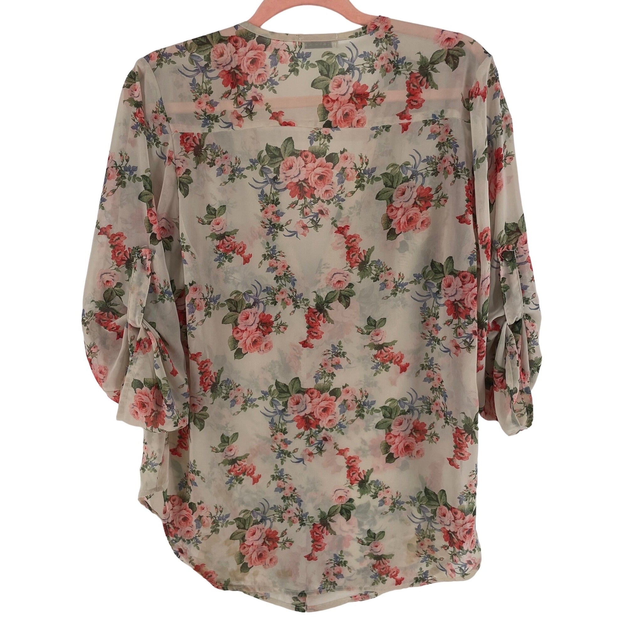 Necessary Clothing Women's Size Large Cream/Pink/Green/Blue Sheer Floral Blouse