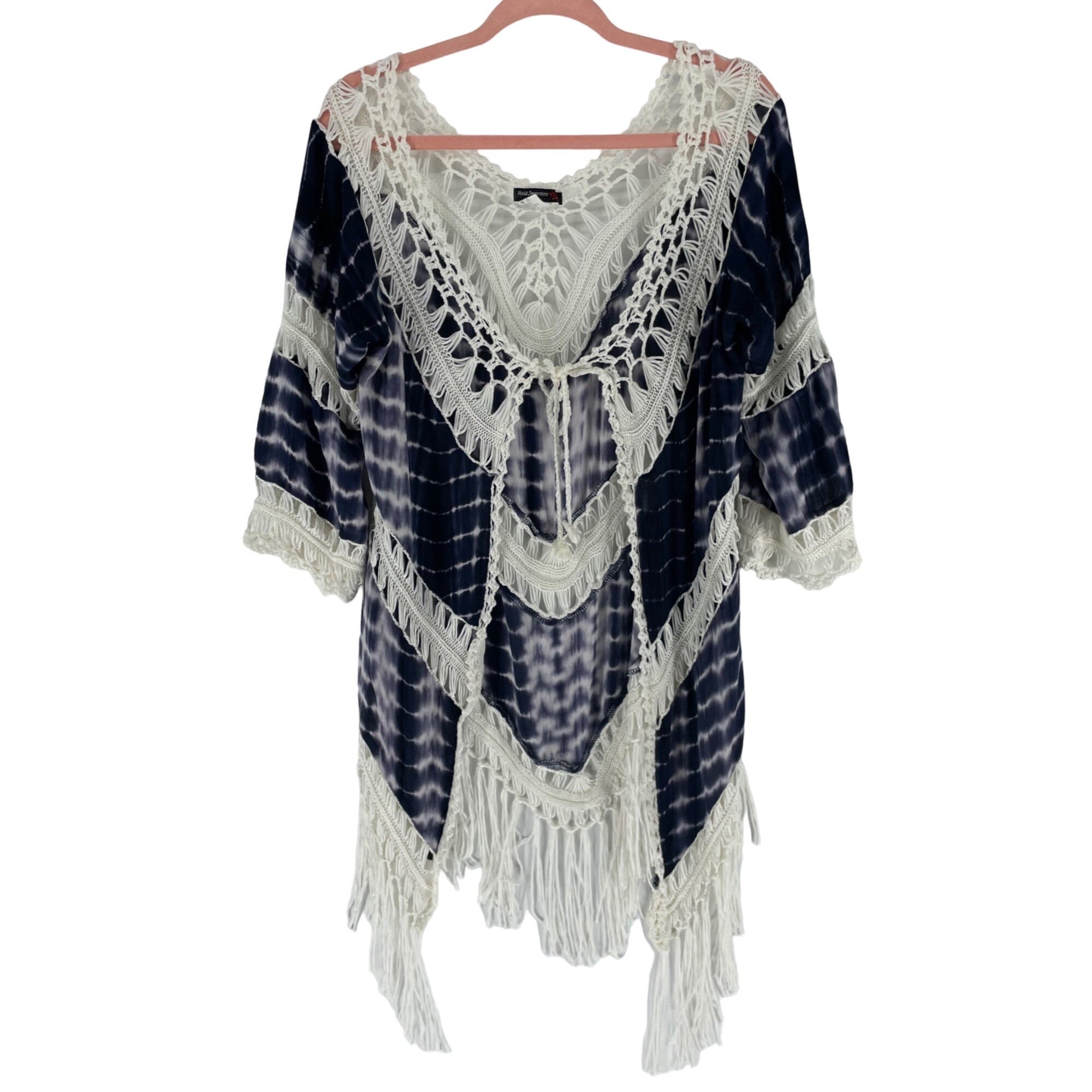 NWOT Vivid Importers Size Medium Navy Blue & White Tie Dye Embroidered Kimono W/ Fringe Hem